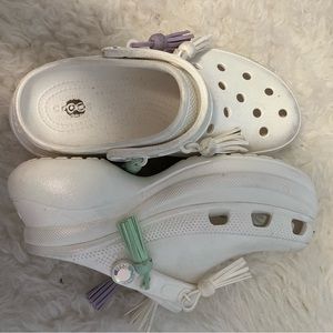 White chrome platform crocs